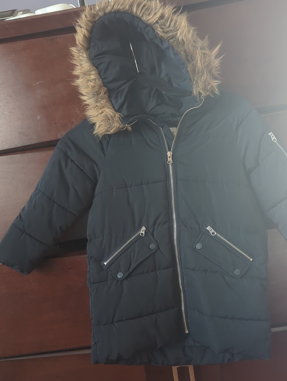 Zara Black Puffer Jacket with Faux Fur Hood